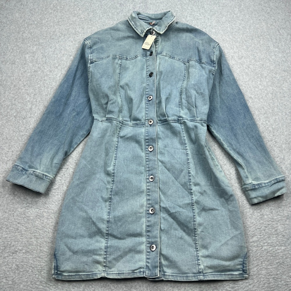 NEW Free People Amber Denim Dress Women's 14 Blue Button Front‎ Long Sleeve Mini